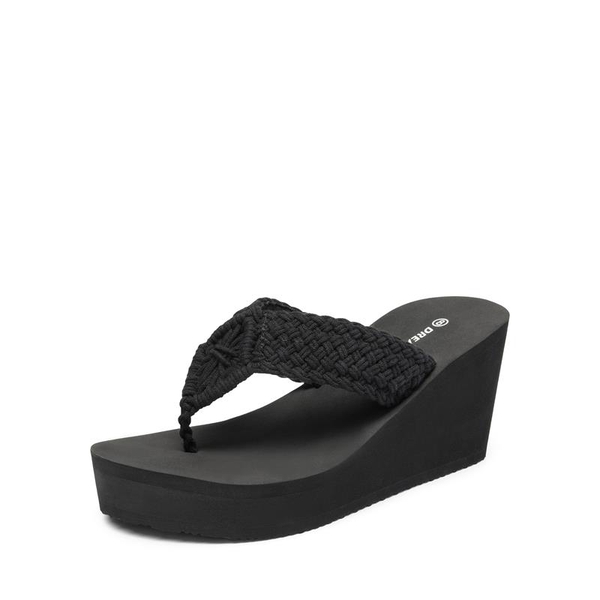 Woven Strap Platform Wedge Flip Flops - BLACK -  0